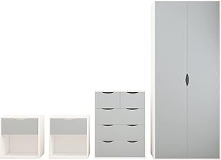AFN Delvito 4 Piece Bedroom Furniture Set - Includes Wardrobe, 5 Drawer Chest, Bedside Cabinet (Grey on White)