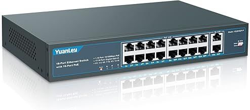 YuanLey 18 Port PoE Switch, 16 PoE+ Port 100Mbps, 2 Uplink Gigabit, 250W Built-in Power, 802.3af/at, Rackmount Unmanaged Plug and Play