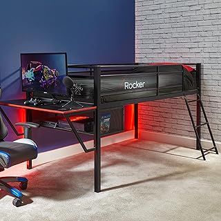 X-Rocker Sanctum Mid Sleeper Bed, Gaming Bed with Desk and Storage, Black Metal Frame with Ladder. Compact Built-In Gaming Desk for Boys and for Girls, Cabin Bedroom Furniture - BLACK