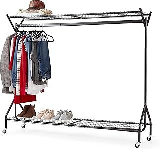 House of Home Clothes Rail with Wheels Super Heavy Duty Metal 1 Tier Rail Wardrobe Replacement Hanging Clothing & Shoe Rack Storage & Organiser for Shirts, Coats, Hat & Shoes 6ft x 5ft Black