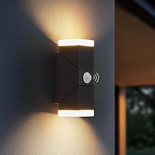 Leselux 12W Outdoor Wall Light with Motion Sensor, PIR Up Down Outside Lights Mains Powered, IP65 Front Door Light Aluminium 3000K, Exterior Wall Sconce with Swiveling LED Panel for Door Porch, Black