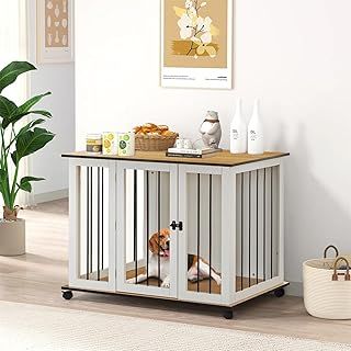 TUKAILAi Dog Crate Furniture Style Pet Playen with Safe Latches Door, Easy Clean Wood Dog Cage, Indoor Dog Pen House with Doors Small Medium Dog Crate (White+Brown, Large)