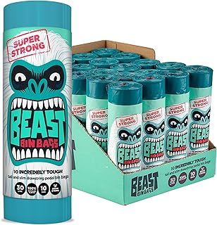 BEAST BIN BAGS, Mega Pack, 20 Rolls of 10 x 30 Litre Bags (Total 200 Bags) - Made From 100% Recycled LLDPE - Incredibly Strong, Tall and Slim Drawstring Pedal Blue Bin Bags