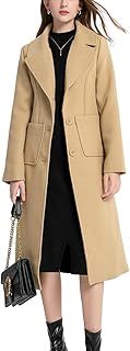 Sukany Women's Winter Casual Notch Lapel Wool Blend Coat Single Breasted Mid Long Pea Coat Jacket