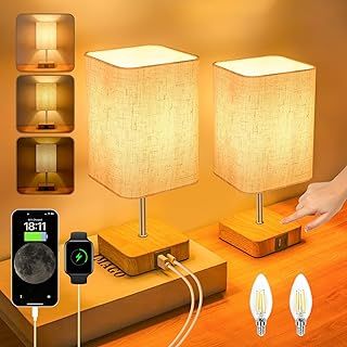 Touch Control USB Table Lamp Set of 2,Dimmable Nightstand Lamps with USB Charging Ports,Small Table Lamp with Wood-grain Base ＆ Beige Fabric Shade for Bedroom,Living Room,Children's room,Bulb Included