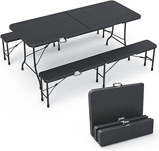VOUNOT Folding Table Bench Set Trestle Portable Party Picnic BBQ Camping Set With Metal Frame Indoor Outdoor Garden, Black