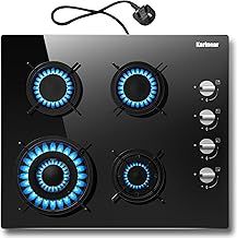 Karinear Gas Hob, 4 Burners Cas Hob with 13AMP Plug, Gas Hob 60cm Glass LPG/NG with Thermocouple Protection