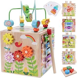 Wooden Activity Cube | Montessori Toys for 12+ Months Toddlers | One Year Old 1st First Birthday Gift | Educational Learning Toys for Baby Boys Girls Age 1 2 3 | Bonus Sorting & Stacking Game (Pink)