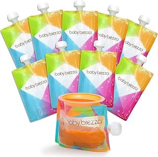 Baby Brezza Reusable Baby Food Storage Pouches, 10 Pack 7oz - Make Organic Food Puree for Kids or Toddlers and Store in Refillable Squeeze Pouches, Bulk Set is Freezer Safe & Washable
