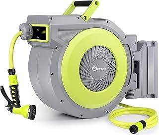 Retractable Garden Hose Reel Wall Mounted, Heavy Duty Water Hose Reel 30m+2m, with 9 Pattern Hose Nozzle, Slow Return System, Any Length Lock, 180°Swivel Bracket