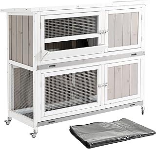 PawHut Rabbit Hutch Outdoor Guinea Pig Hutch Wooden Bunny House with Rain Cover Wheels for Indoor Outdoor, 122 x50 x100cm - Grey