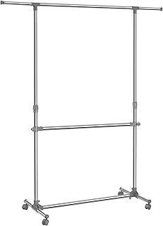 SONGMICS Double Clothes Rail, Clothing Rack with Extendable Top Rail, Clothes Rail on Wheels, 113-180 cm Height Adjustable Clothes Rack, Adjustable Middle Rail, Silver and Grey LLR401