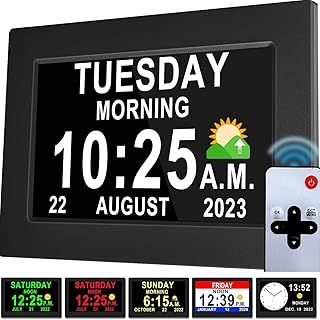 Véfaîî Newest,Dementia Clock 2.0 with Auto DST, 20 Custom Reminders, Day Clock with Sun/Moon icons for Memory Loss, Alzheimer's, 7" with Remote & HD Picture Frame