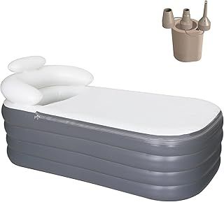 Inflatable Soaking Bathtub for Adult, Large Portable Ice Bath Tub Family Home Spa Soaking Tub with Zipper Cover, Designed with Headrest, Cup Holder (Air Pump Included) (Grey, 164x84x51)