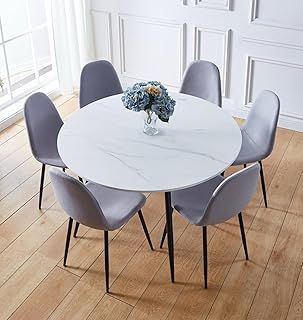 Hallowood Furniture Cullompton Large Dining Table and Chairs Set 6, White Marble Effect Round Dining Table, Kitchen Table (120cm) and Grey Chairs, Dining Room Sets for Home and Cafe