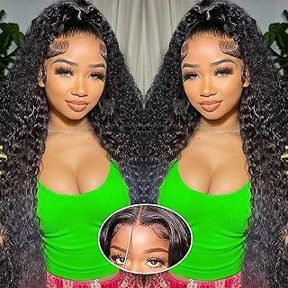 5x5 HD Lace Closure Curly Wigs Glueless Wigs Human Hair Pre Plucked Pre Cut 20 Inch Wear and Go Deep Wave Lace Front Wigs Human Hair for Black Women 180 Density Natural Black