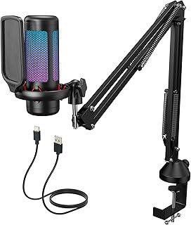TONOR Gaming USB Microphone with Adjustable RGB Modes & Brightness, Condenser PC Mic with Boom Arm for Streaming Podcast Recording Studio Singing Youtube Compatiple with Computer/Laptop/Mac/PS4 TC310+