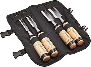 Amazon Basics - 4-Piece Sturdy Chrome Vanadium Steel Woodworking Wood Chisel Set – 1/2 inch (13mm) to 1-1/4 inch (32mm), Wooden Handles with Carry Pouch