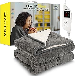 Heated Throw - Electric Blanket - Digital Controller - Timer up to 9 hours, 9 Heat Settings, Auto Shutoff - Machine Washable - Double 150X200cm - GREY SHEARLING