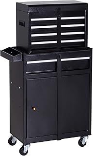 DURHAND Tool Chest 2 in 1 Metal Tool Cabinet Storage Box with 5 Drawers Pegboard Wheels 60x28x104.5cm Black