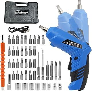 MQFORU Cordless Screwdriver, 47 in 1 Portable Cordless Drills, 3.6V Rechargeable Electric Screwdriver Kit, Dual Position Handle with USB Cable LED Light for Home Office DIY Tools