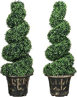 HOMCOM Set of 2 Decorative Artificial Plants Topiary Spiral Boxwood Trees in Pot, Fake Plants for Home Indoor Outdoor Decor, 90cm