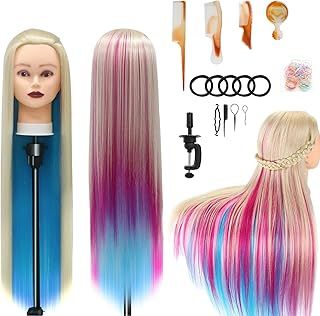 Training Head, 28 inch Styling Head 100% Synthetic Fibres Hairdressing Head Hairdresser Training Heads with Free Clamp and DIY Braiding Set (Rainbow)