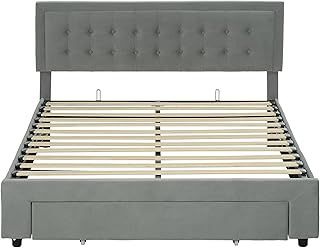 HOMCOM King Size Ottoman Bed Frame with Hydraulic Lifting Storage, Wheeled Drawer, Adjustable Velvet Upholstered Headboard, Wooden Slats Mattress Foundation, No Box Spring Needed, Grey