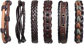 flintronic Leather Bracelet, 6Pcs Adjustable Fashion Punk Braided Men & Women Rope Bracelet Cuff Vintage Bracelets Wrap Set Series