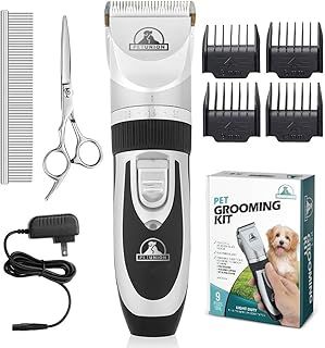 Pet UnionProfessional Dog Grooming Kit - Cordless Low Noise Dog Clippers for Grooming Thick Coats - All Pet Safe Cat Hair Trimmer - Pet Grooming Kit Includes Dog Hair Clippers, Nail Trimmer & Shears