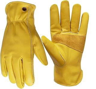 NBLEAGLO Leather Gardening Gloves Thorn proof garden Work gloves For Men and Women, Safety Heavy Duty Working Gloves with Reinforced Palm (Yellow, Large)