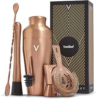 VonShef Cocktail Shaker Set, Copper 6pc Set with 550ml Parisian Cocktail Shaker, Professional Bartender Kit for Home Bar, Including Strainer, Muddler, Jigger & Other Bar Accessories, Gift Box Included