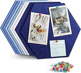 Uoisaiko 30cm Large Felt Hexagon Bulletin Board with 30 Push Pins, Pack of 8 Pin Board Notice Boards for Home Office Kitchen, Felt Wall Tiles for Photos Memos