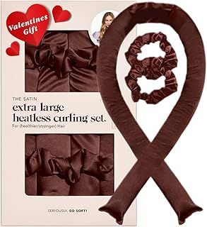 Kitsch Satin XL Jumbo Heatless Curling Set - Heatless Hair Curler To Sleep In, Heat Free Curls Overnight for Frizz-Free, Soft Curls - For All Hair Types - Includes Two Scrunchies - Chocolate