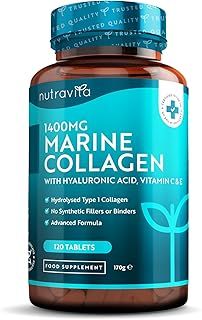 Marine Collagen Tablets 1400mg Enhanced with Hyaluronic Acid - Hydrolysed Supplements for Women and Men - 120 Tablets (2 Month Supply) - with Vitamin C, Vitamin E, Zinc and Vit B2 - Nutravita