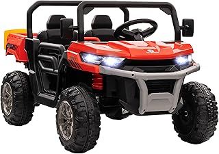HOMCOM 2 Seater Kids Ride On Car with Electric Bucket, 12V Battery Powered Electric UTV with Shovel, Parental Remote, 4 Spring Suspension Wheels, Working Horn, Music - Red