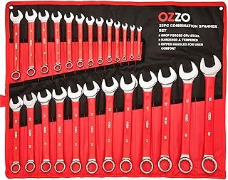 OZZO 25 Piece Combination Metric Spanner Set (6-32mm) | Open Ended & Ring Wrench Set with Storage Tool Roll | CRV Steel Heavy Duty Hand Tools | Soft Grip Dipped Handles
