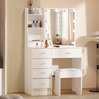 Saimeihome Dressing Table with Lighted Sliding Mirror and Stool - 3-Color LED Adjustable Brightness, Makeup Vanity Table with 6 Drawers & 6 Shelves for Girls Women, 80x36x130 cm