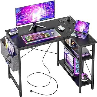 Small L Shaped Desk with Power Outlets - 100x70cm Gaming Corner Computer Desk Writing Table, Reversible Large Storage Shelves, Bookshelf Workstation for Study Play Work Home Office Black