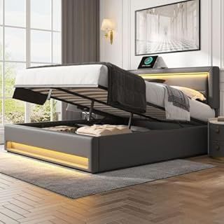 Upholstered Ottoman Storage Bed, 5ft King Size Bed Frame with Storage, LED and USB Wireless Port, Gas Lift Up Upholstered King Size Bed Frame with Adjustable Headboard and Slats, PU, No Mattress, Grey