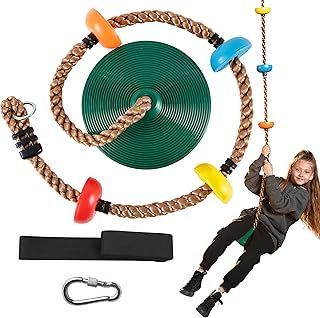 TURFEE Climbing Rope Tree Kids Swing with Platforms and Disc Swings Seat,Outdoor Indoor Backyard Playground Swingset Accessories Single Disk 6 Ft Outdoor Climbing Rope,Carabiner &4 Ft Tree Strap