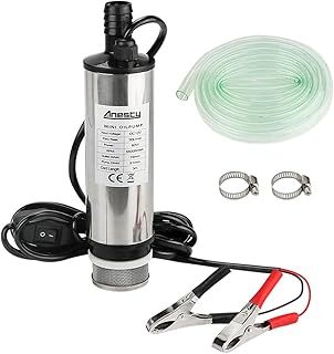 Anesty Water Pump 12V Φ51mm Diesel Fuel Transfer for Water Oil Liquid, Stainless Steel Submersible With Clip, Filter Removable | 3m Power Cord + Hose