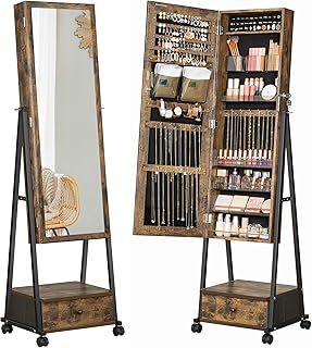 SONGMICS Jewellery Cabinet, High Full Length Mirror, Standing Lockable Jewellery Organiser with Bottom Drawer, Shelf, Wheels, Gift Idea, Rustic Brown and Black JJC004X01