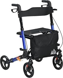 HOMCOM 4 Wheel Rollator with Seat and Back, Folding Mobility Walker with Carry Bag, Adjustable Height, Dual Brakes, Cane Holder, Lightweight Aluminium Walking Frame for Seniors and Disabled, Blue