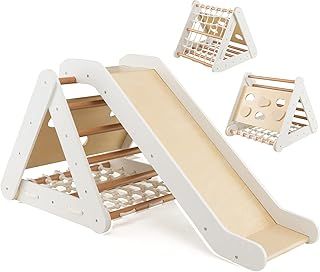 4 in 1 Kids Climbing Set, Wooden Toddler Climber with Slide, Outdoor Indoor 3 Sides Climbing Frame for 1 Years Old + Boys Girls (Natural+White)