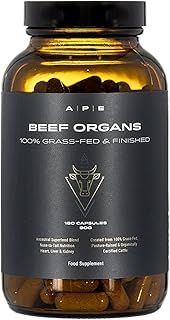 APE Nutrition Beef Organs Grass Fed - Liver Kidney Heart Organ Capsules, Ancestral Supplement UK, Nose to Tail, 100% Grass Fed & Finished, No Antibiotics Hormones or GMOs, 180 500mg Capsules