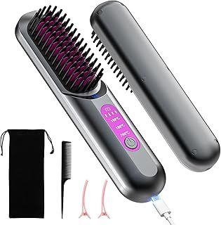 Negative Ion Hair Straightener Brush, 5000mAh Portable Heated Straightening Comb for Travel, Cordless Mini USB Rechargeable Hair Straightener for Women, Beard Straightener for Men