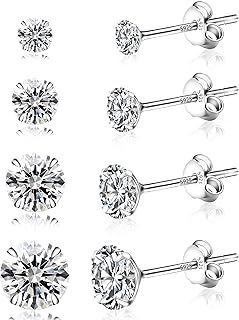 4 Pairs Sterling Silver Earrings for Women,Stud Earrings for Women,5A+ Cubic Zirconia Size: 3/4/5/6mm，Hypoallergenic Earrings Set Anti-Oxidation Elastic Packing Box