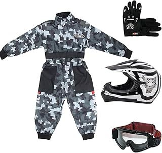 Zorax Black CAMO M(7-8 Years) Kids Suit & Gloves XL(8cm) & Goggles & Zorax XL (55-56cm) ZOR-X17 Kids Children Motocross Motorbike Motorcycle Helmet Set ECE2206