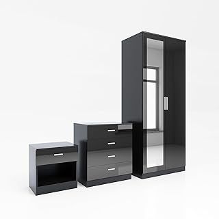 ELEGANT 3 Pieces Bedroom Furniture Sets High Gloss Soft Close Wardrobe with Mirror + 4 Storage Drawer Chest of Drawers Bedside Cabinet, Black and Set